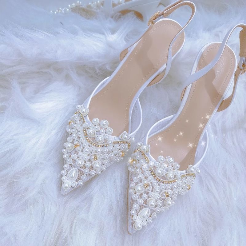 SpringSummer Retro Elegant Pearl White Bridal Shoes