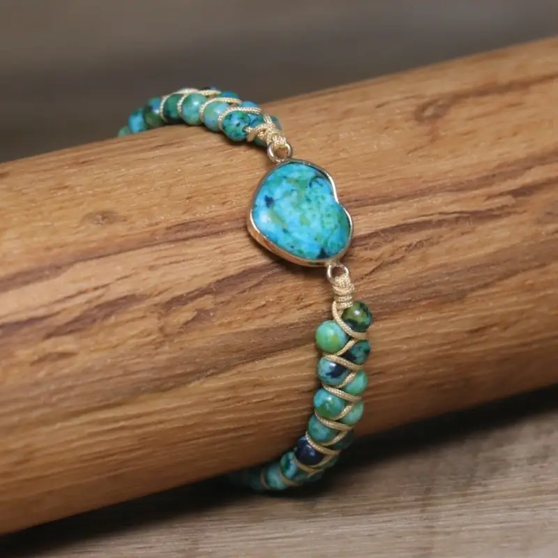 Seven-Chakra Stone Wrap Bracelet With Heart-Shaped Natural Stones