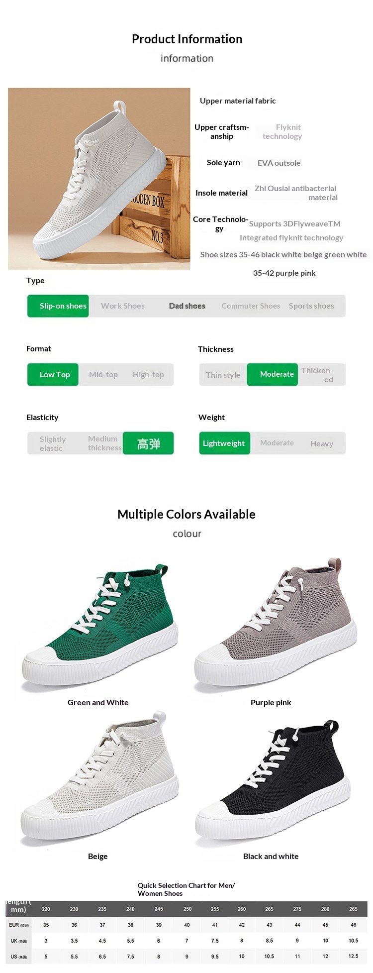 Women's footwear size chart with foot-length and regional size columns