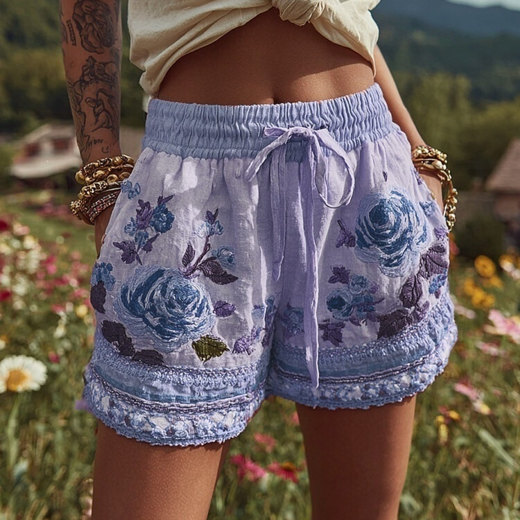 Retro Floral Print Casual Womens Shorts