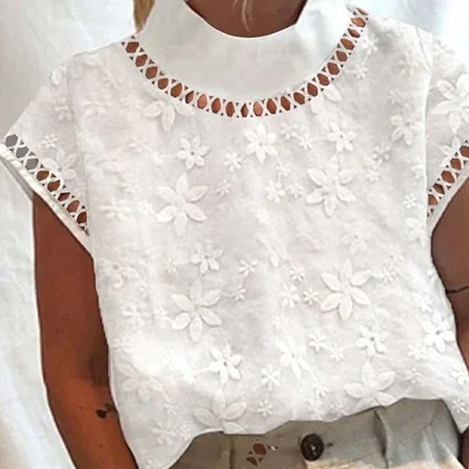 Womens Pullover Embroidered Lace Trim High-Neck Top — image 1