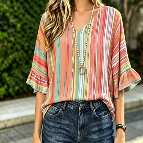 Multicolor Striped Print Bell Sleeve Casual Blouse