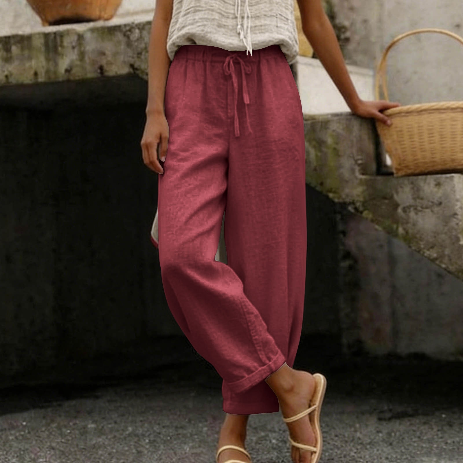 Womens Fashionable Loose-fitting Wide-leg Pants With An Elastic Waist
