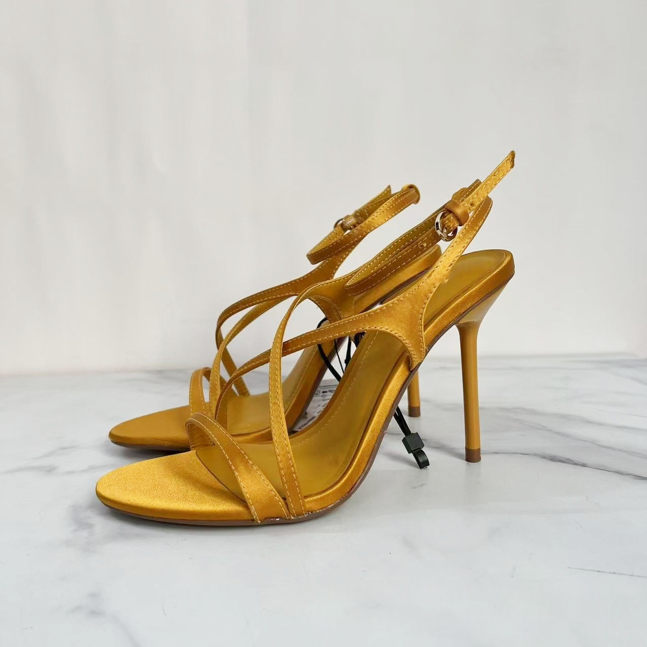 Womens Satin-effect Strappy Round-toe Stiletto Sandals