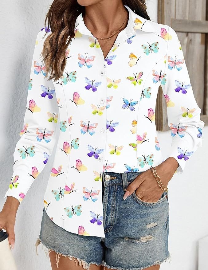 Chic Womens Long-sleeve Blouse With A Notched Collar And A Fashionable Print
