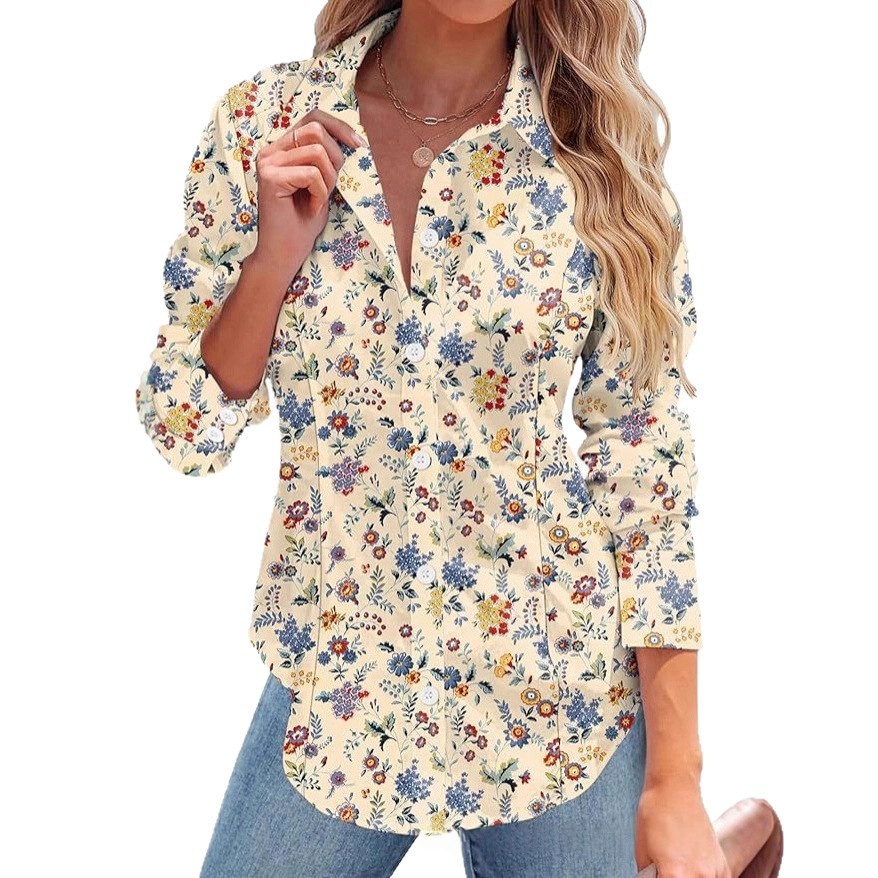 Chic Womens Long-sleeve Blouse With A Notched Collar And A Fashionable Print 4