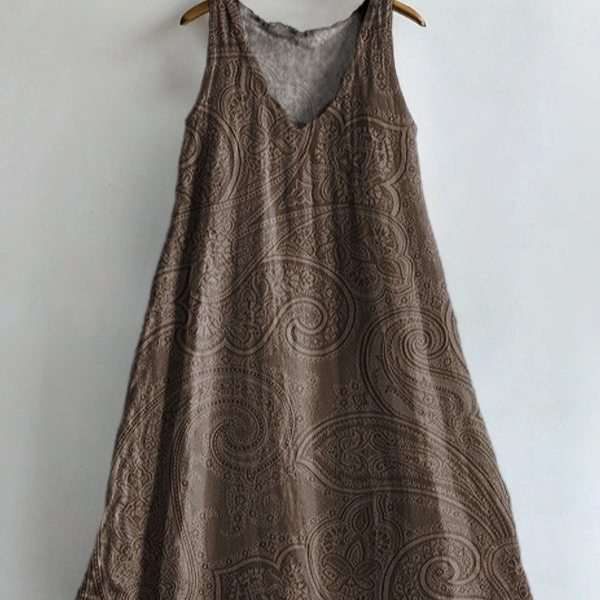 Womens Retro Bohemian Rose-Embroidered Linen Loose Sleeveless Maxi Dress — image 1