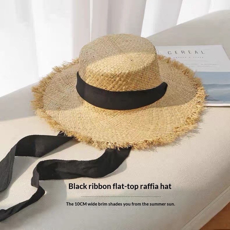 Raffia Straw Hat With Raw Edges Woven For Travel And Photography