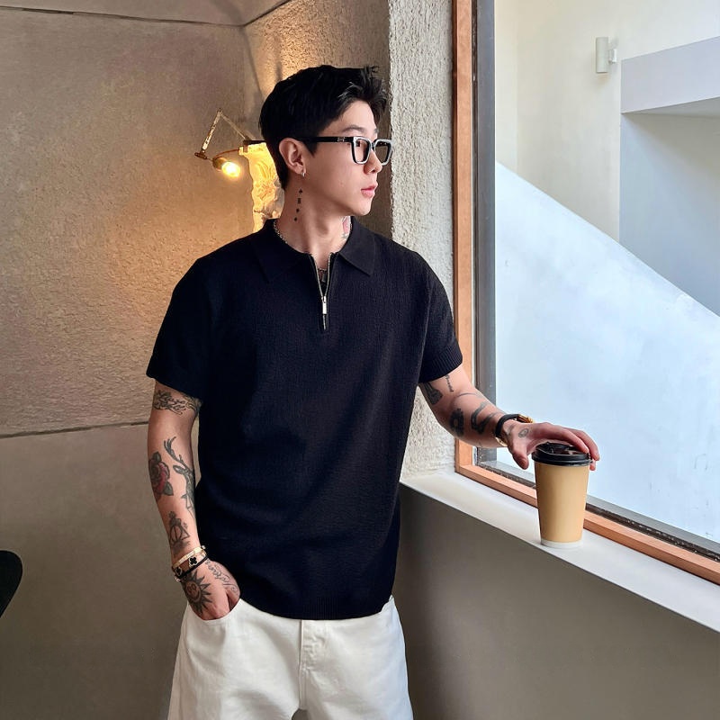 Mens Seasonal Lapel Knitted Short-Sleeve T-Shirt 5