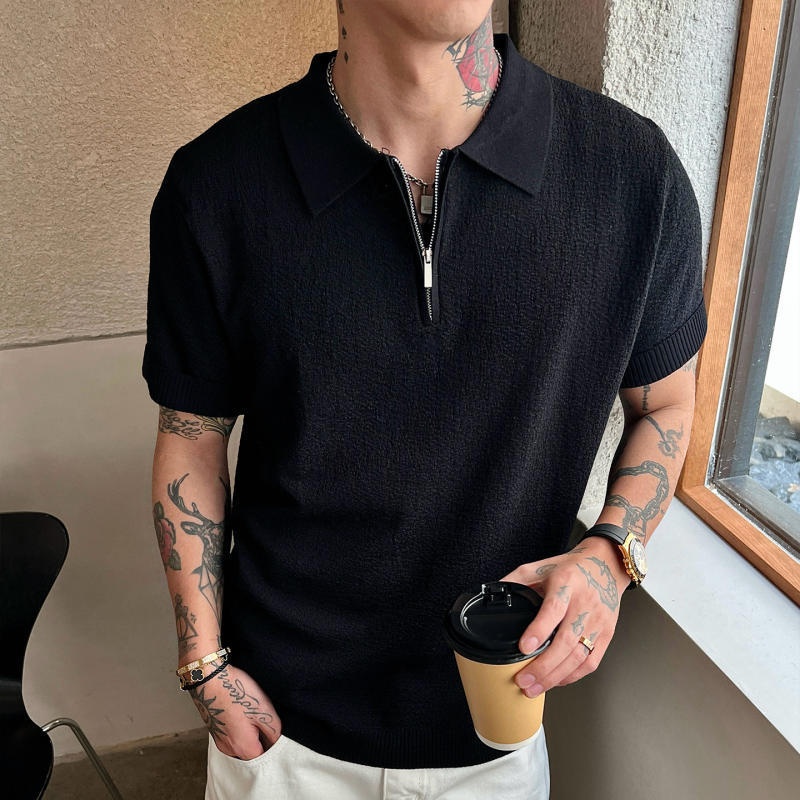 Mens Seasonal Lapel Knitted Short-Sleeve T-Shirt 4
