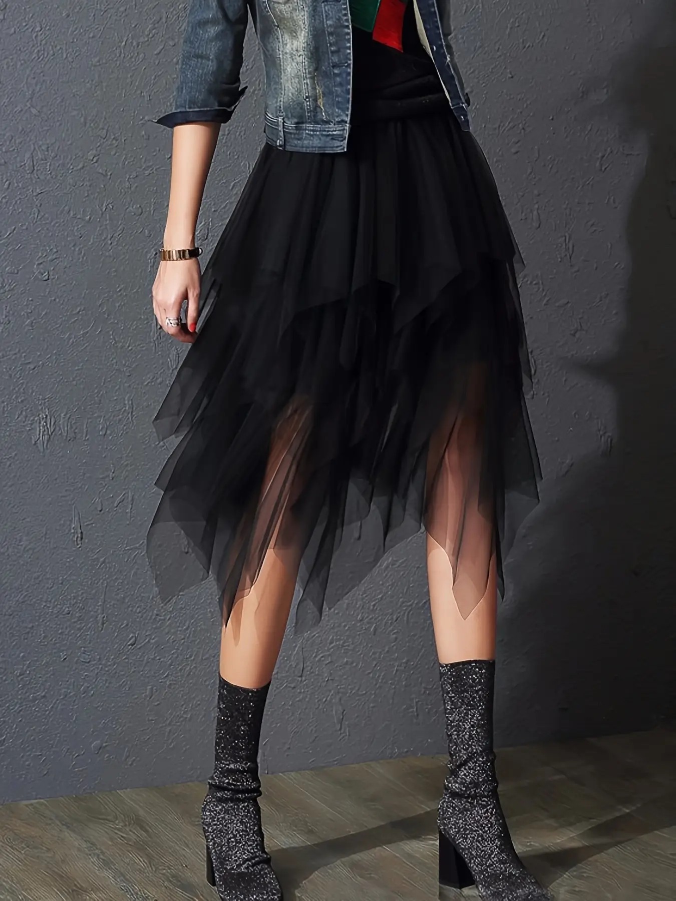 Women's Solid-Color Versatile Asymmetrical Mesh Skirt