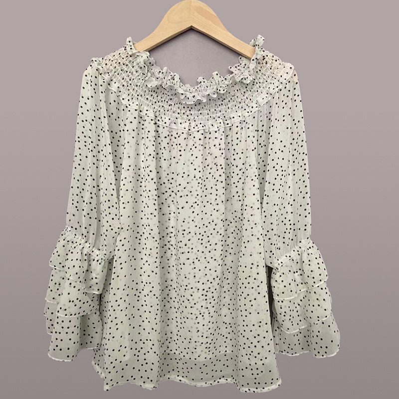 Off-shoulder Casual Long-sleeve Chiffon Top With Polka Dots