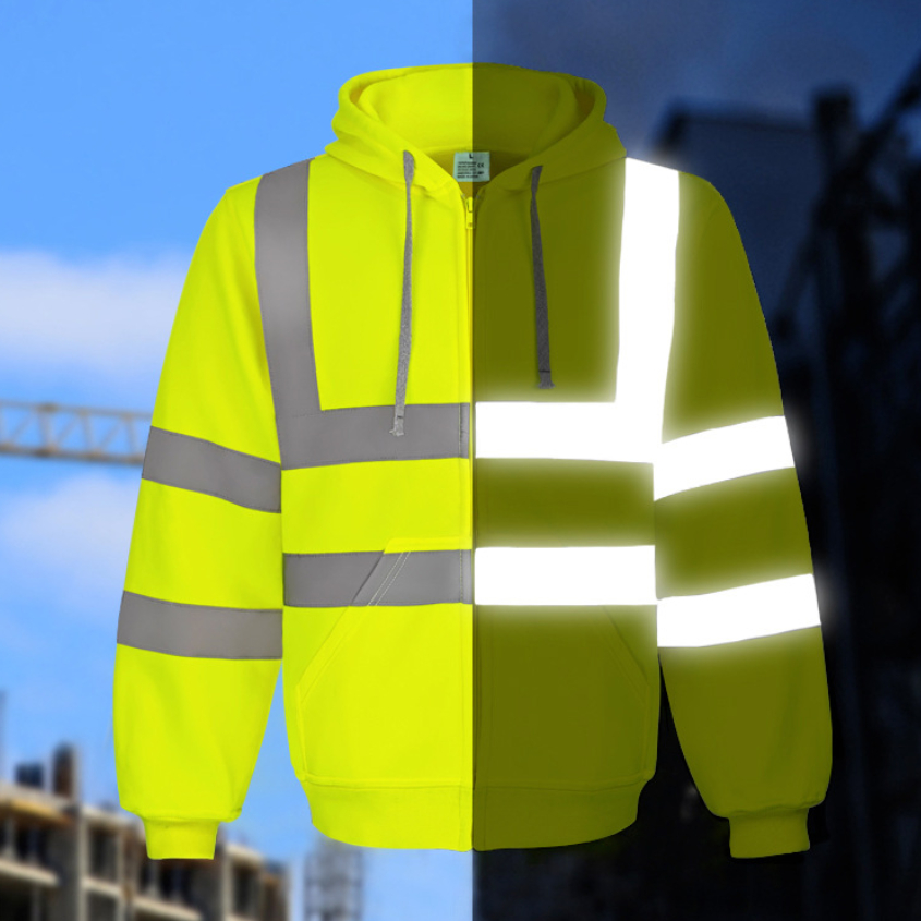Reflective Hooded Zip-up Sweatshirt With Custom Printing And Embroidery For Export