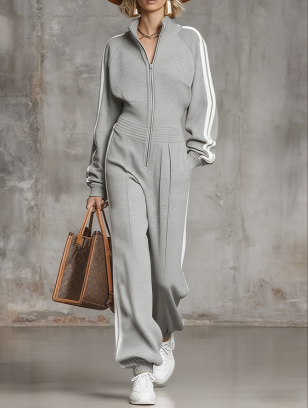 American Retro Stand-collar Zip-up Sportswear Set For Women, Loose And Slimming Casual Sweatshirt And Sweatpants Two-piece Set For Spring And Autumn