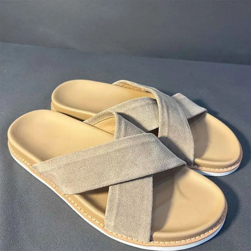 Leisure Sandblasted Suede Leather Men's Slippers
