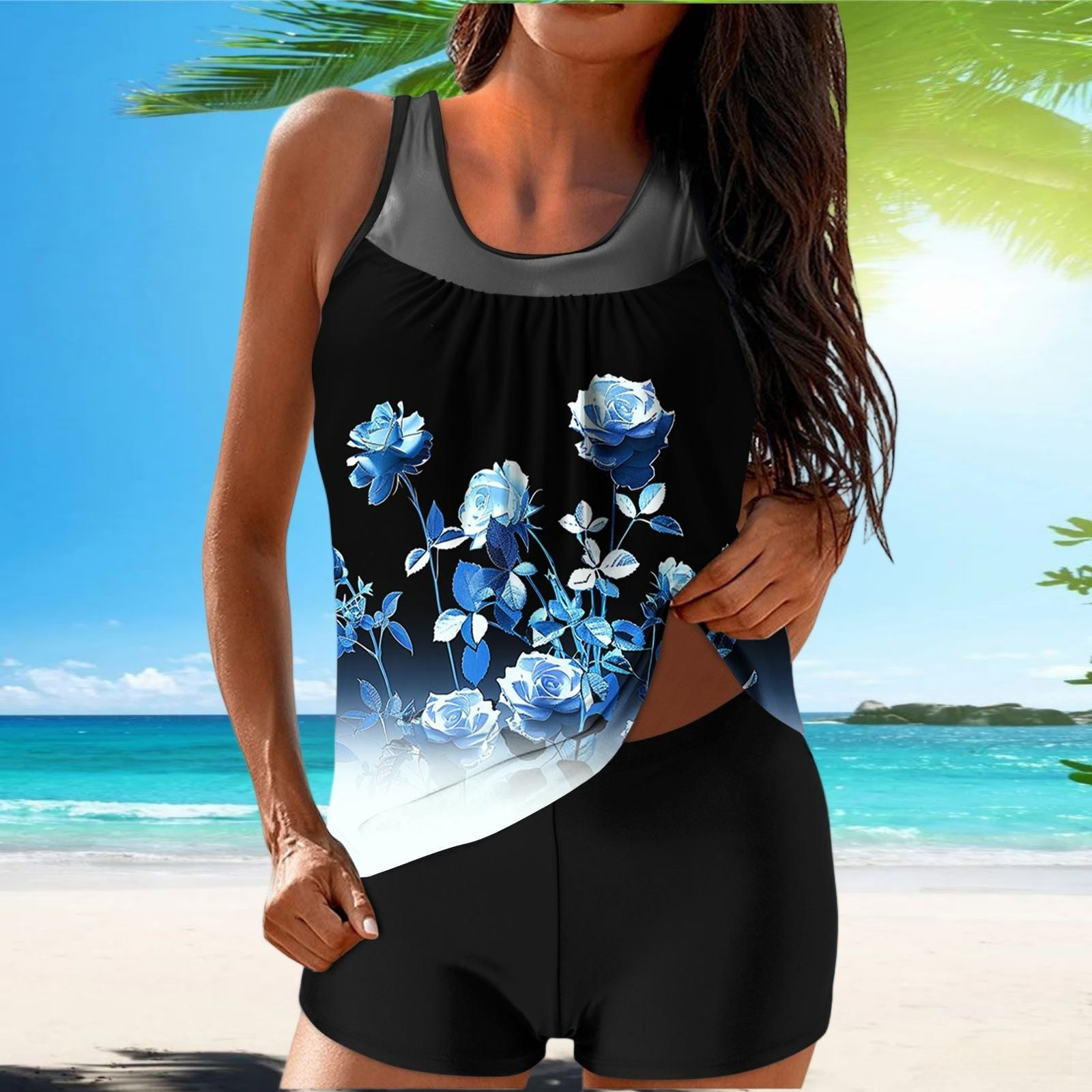 New Womens Printed Polyester Floral Print Tank Top And Shorts Swimsuit
