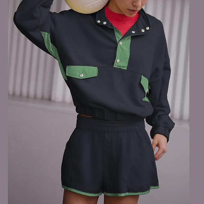 New Springautumn Casual Versatile Stand-collar Loose-fit Color-block Patchwork Long-sleeve Top And Shorts Set