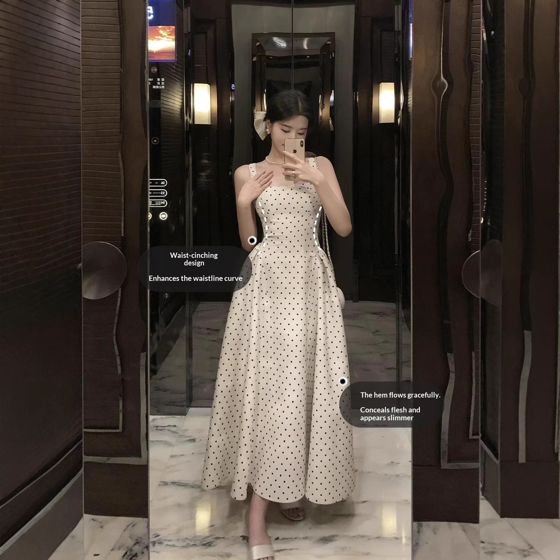 Womens Long Dress With French-style Polka-dot Straps