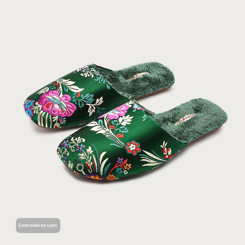 Embroidered Satin Cotton Slippers With A Non-slip Thick-soled Fleece-lined And TPR Outsole For Warmth