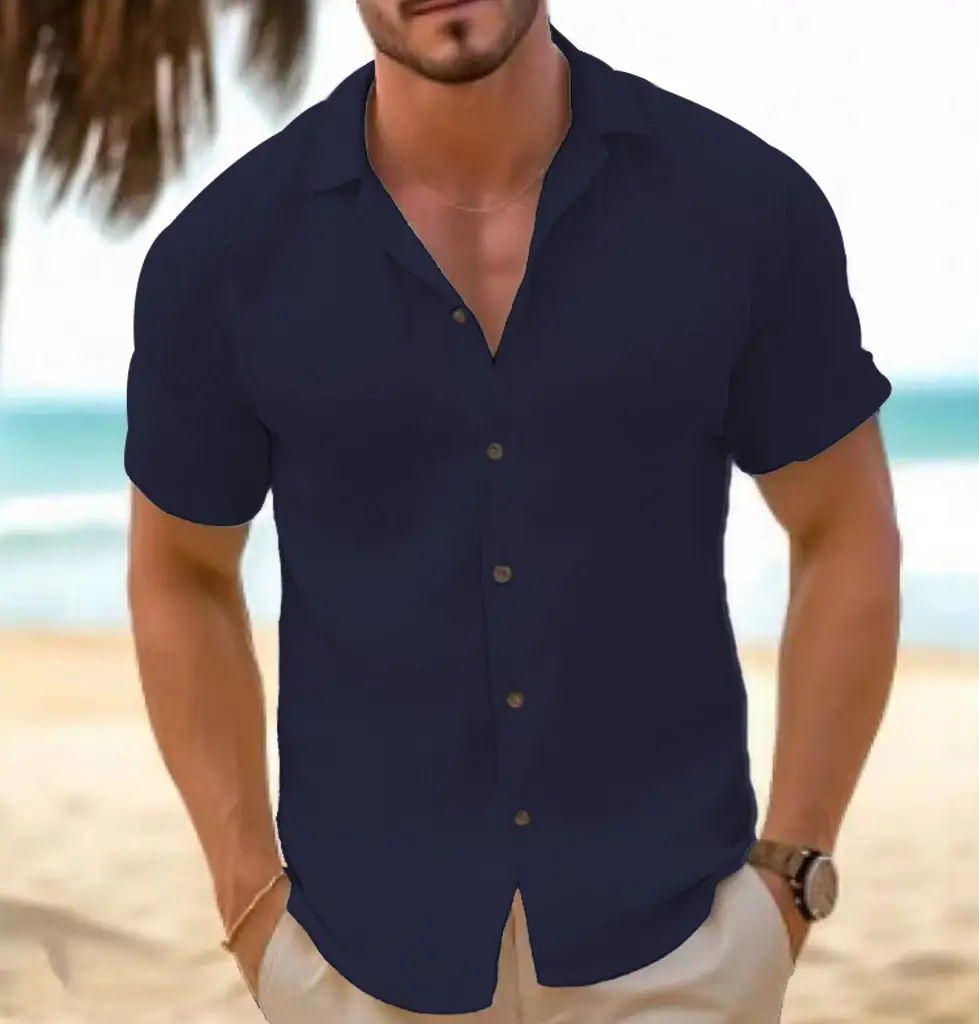 Men's Short-Sleeved Button-Down Shirt Summer Slim-Fit Lapel Shirts Casual Beachwear Clothing