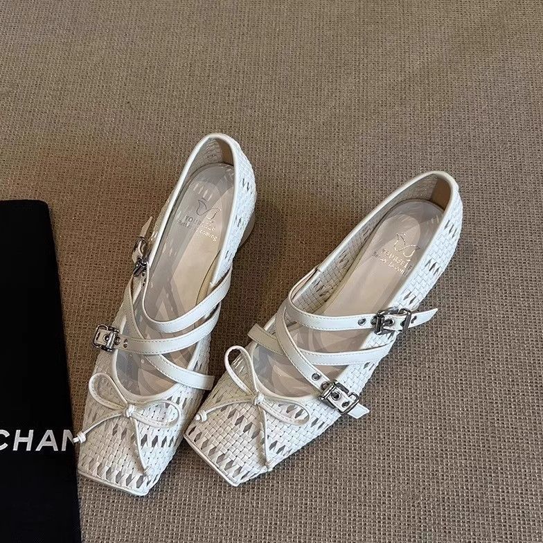 In-stock French-style Bow-cutout Mid-heel Womens Shoes