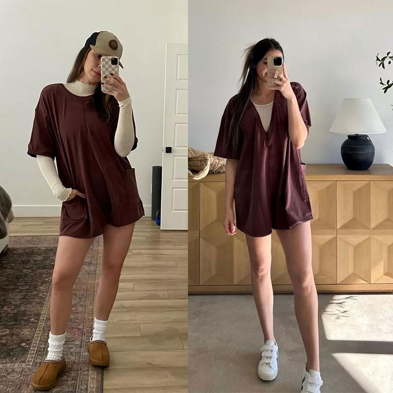 Relaxed-fit Casual Short-sleeve V-neck Backless Jumpsuit With Shorts