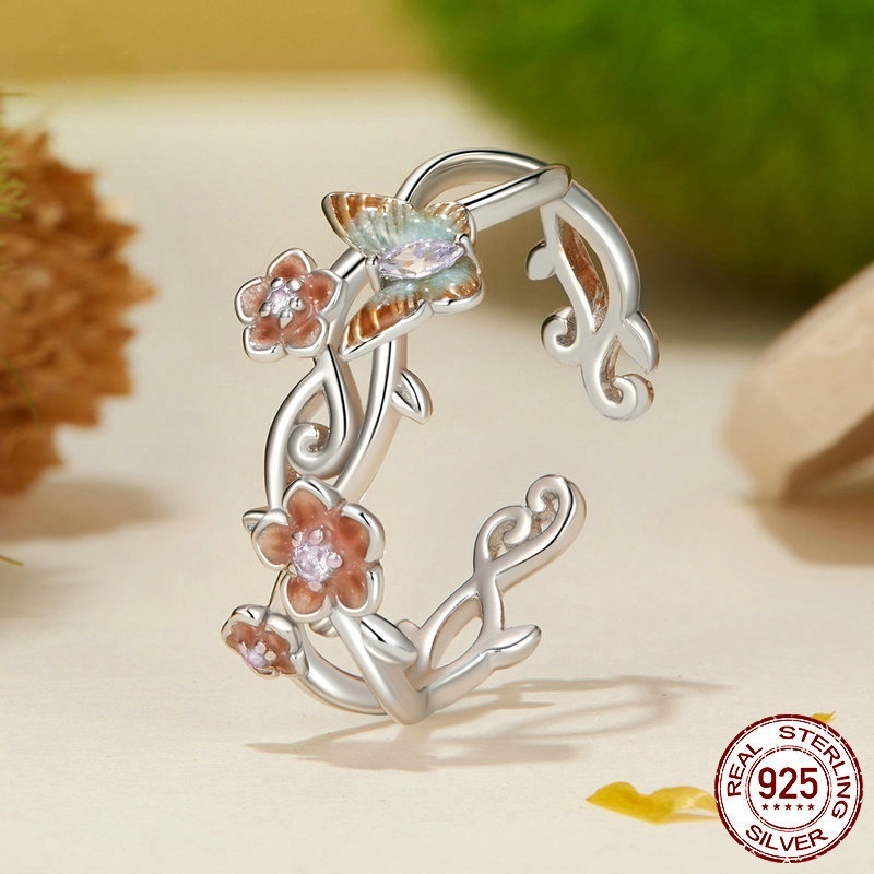 Cherry Blossom And Butterfly Open Ring  925 Sterling Silver