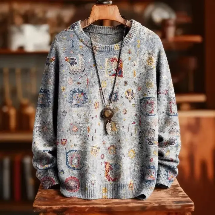 Long-sleeve Crew-neck Retro Western-style Chunky-knit Hoodie
