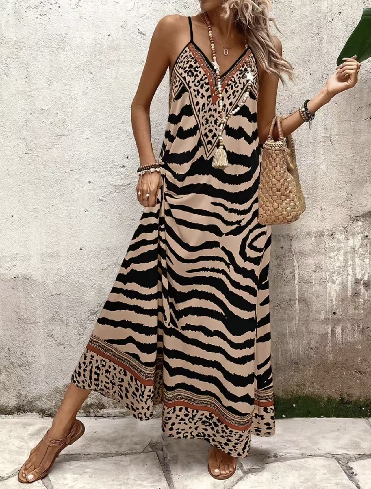 Robe longue femme imprimé léopard soirée estivale