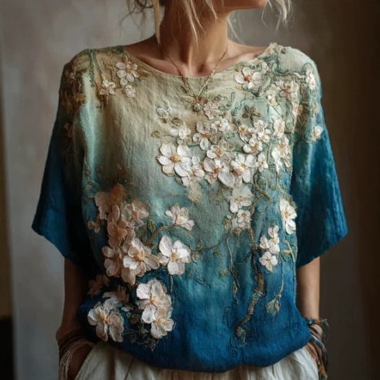 Printed Top Womens Round-Neck Pullover Elegant T-Shirt Linen-Feel Blouse