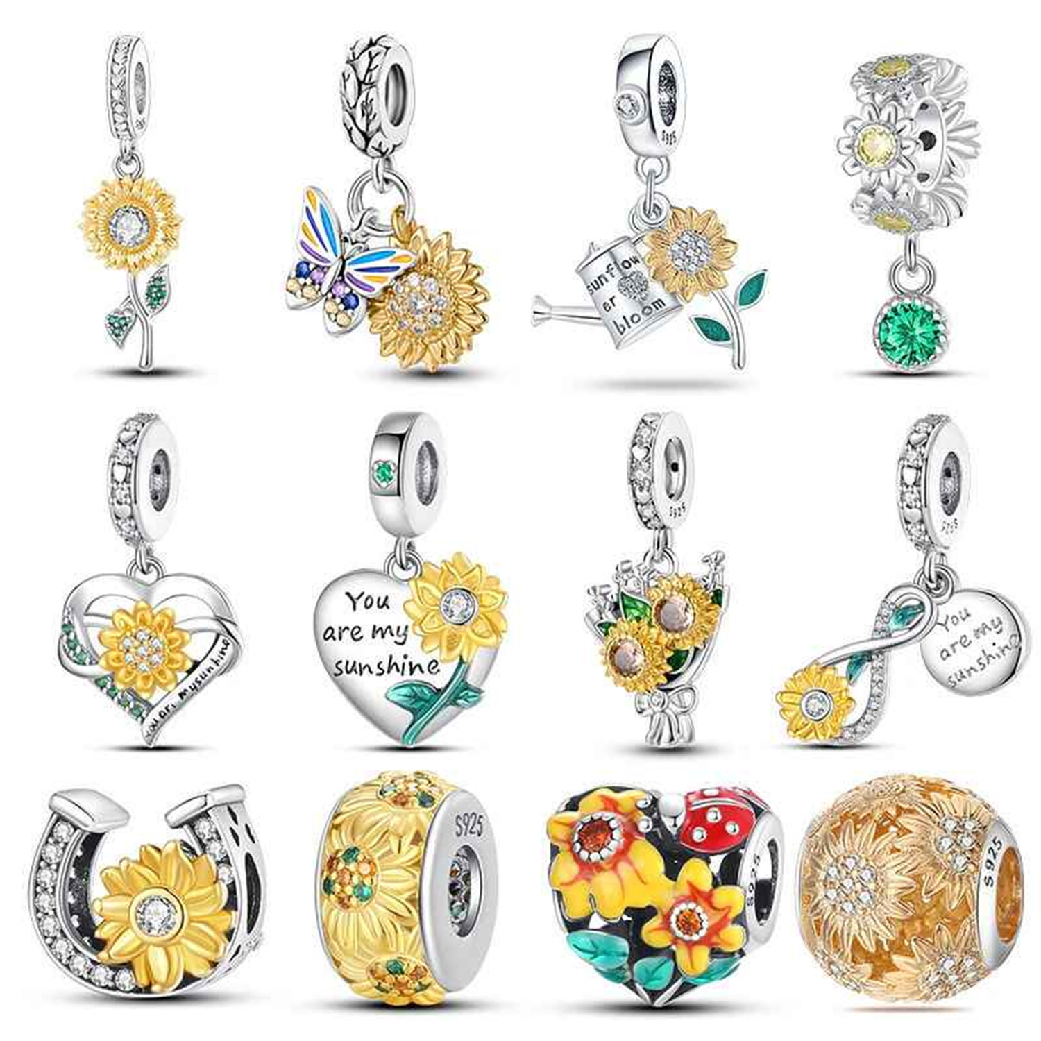 New 925 Sterling Silver Fashion Golden Sunflowers Heart