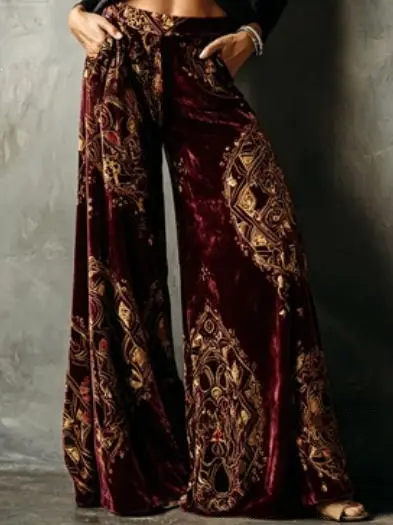 Elegant Vintage Court-style Navy Velvet Wide-leg Pants High-waisted And Figure-flattering Long-length