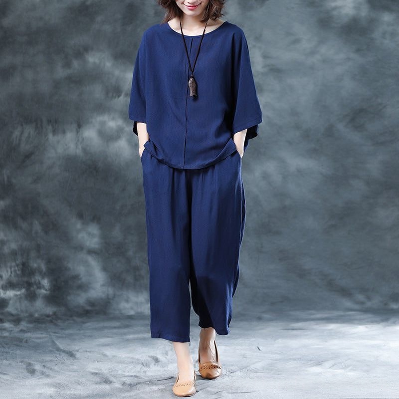 Womens Solid-Color Casual Wide-Leg Pants Set