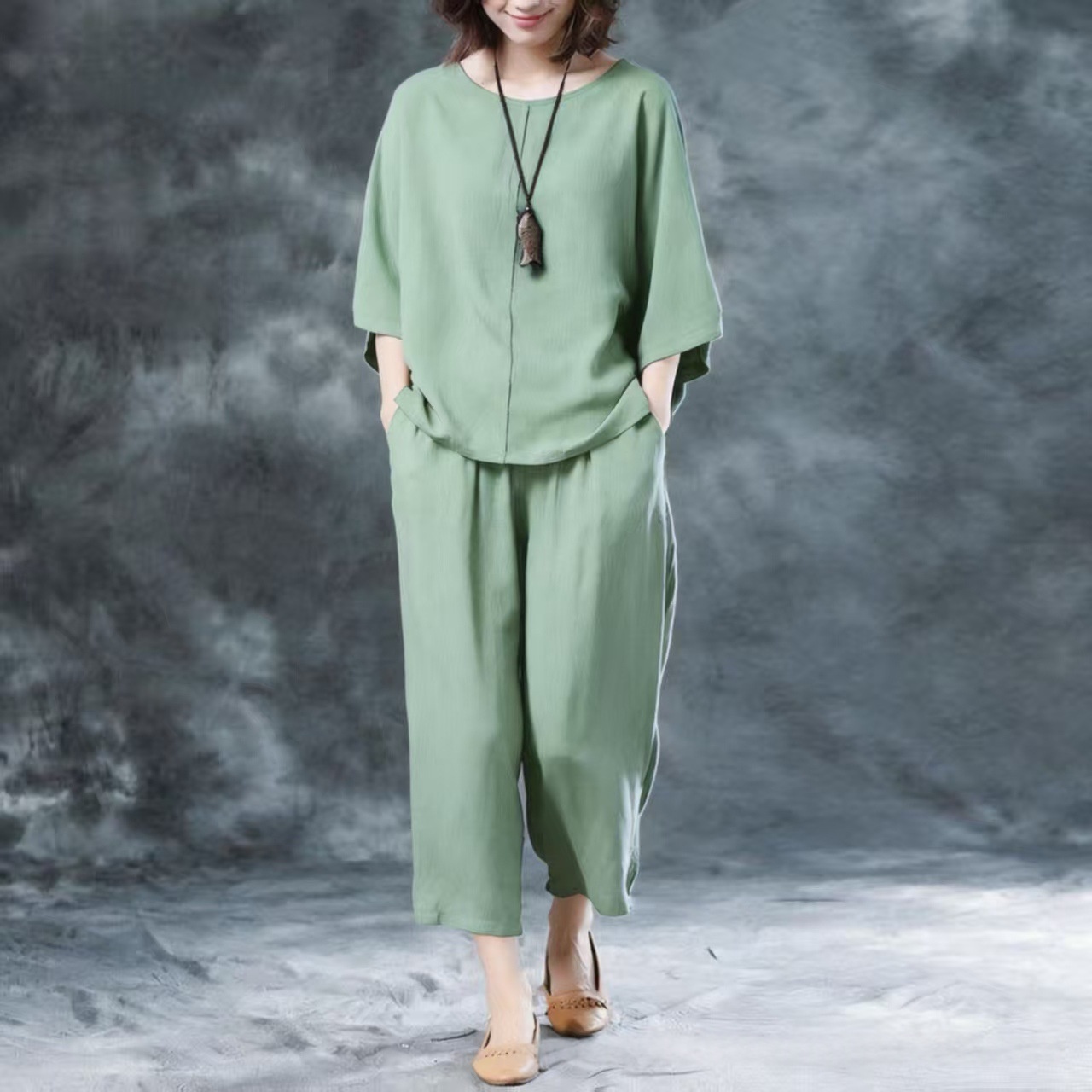 Womens Solid-Color Casual Wide-Leg Pants Set