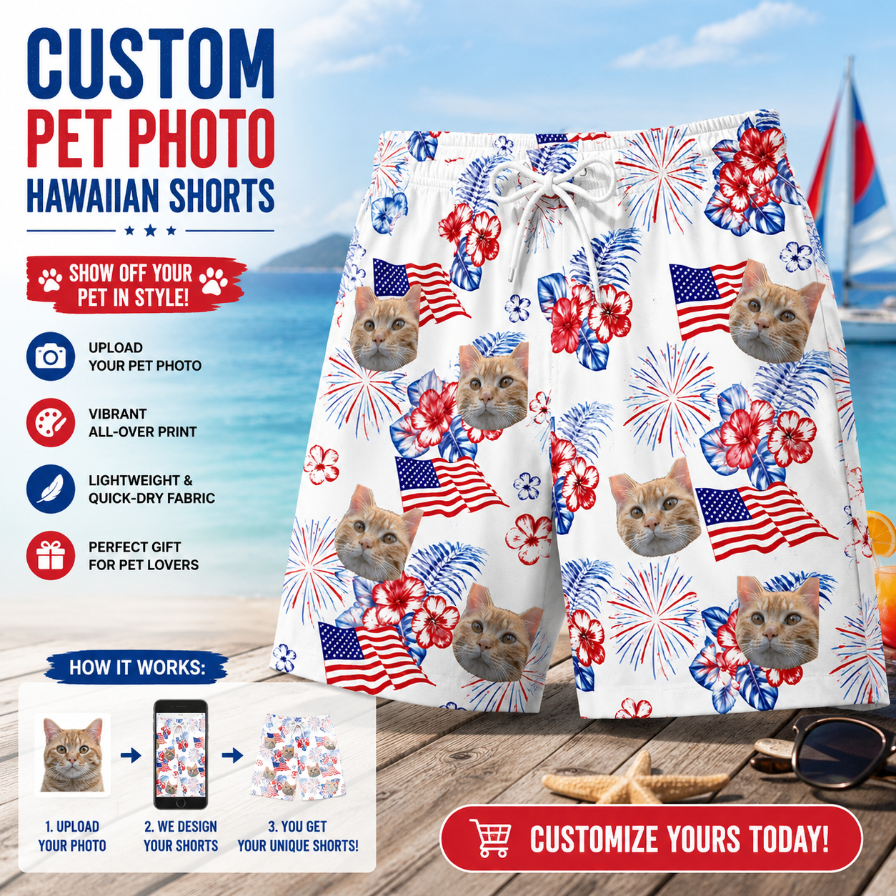 4th of July Firework Hibiscus American Flag Swim Shorts