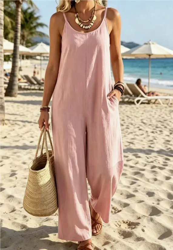 Summer Womens Casual Solid Color Khaki Wide-Leg Jumpsuit