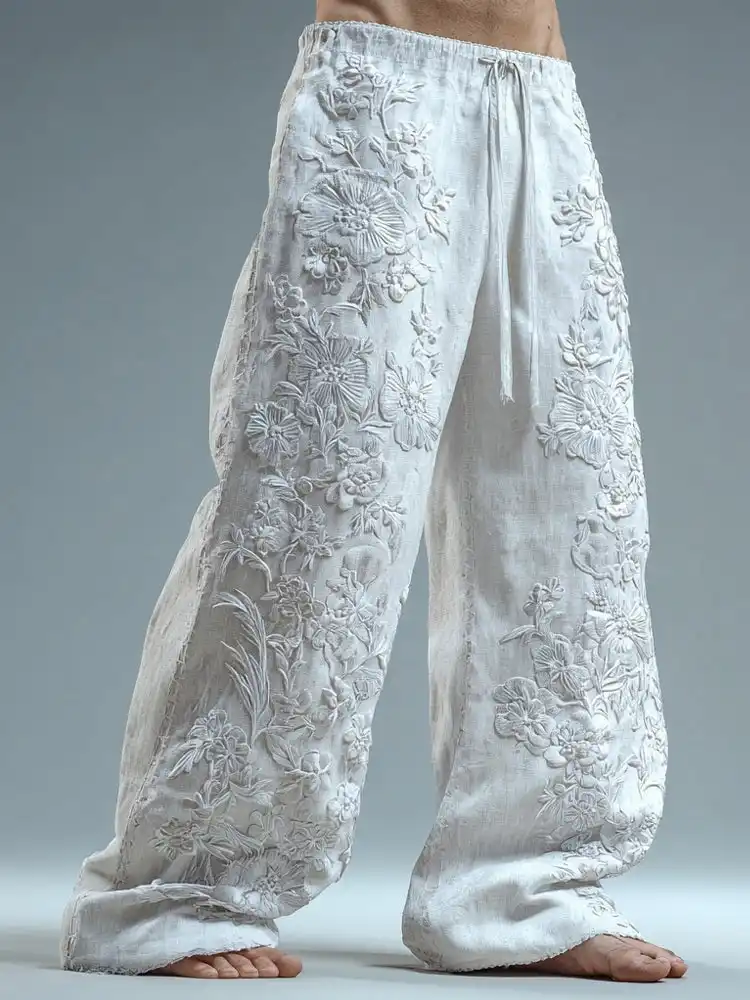 Womens Embroidered Drapey Wide-Leg Pants