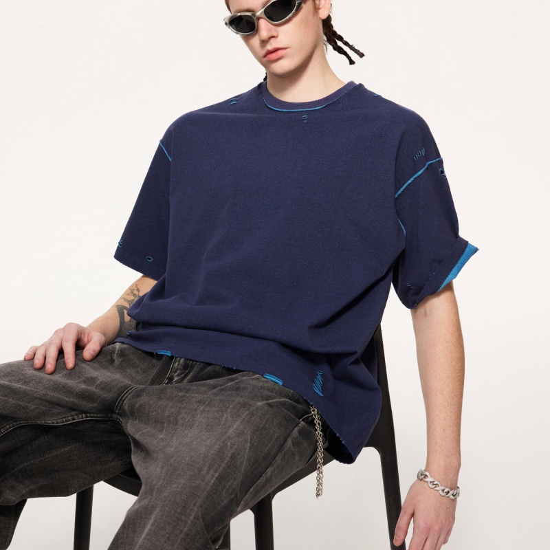 Cuffed Reversible Mens Pure Cotton Distressed Short With Color-block Detailing