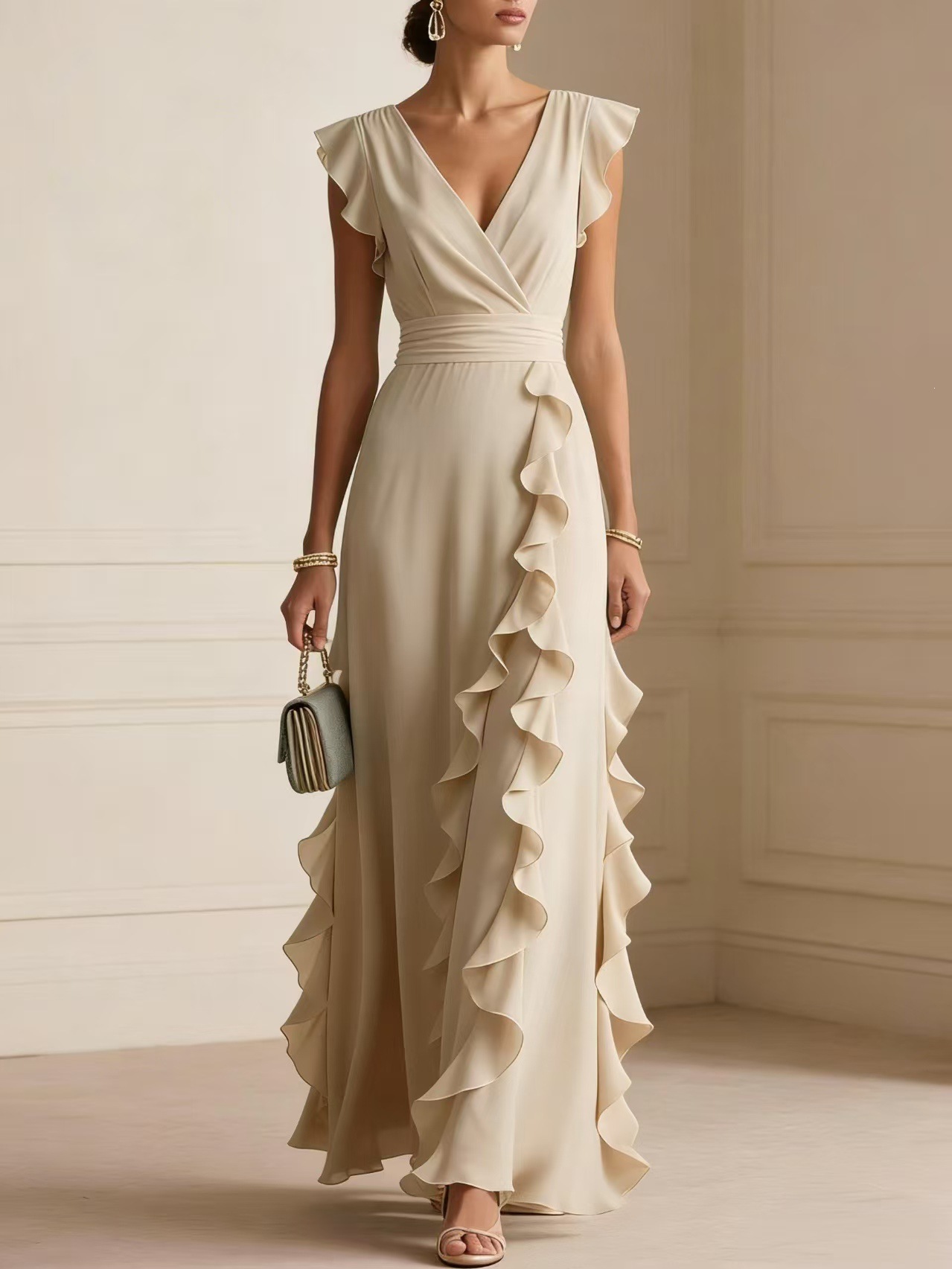 Elegant Solid Color Ruffle Sleeveless Sexy V-Neck Long Dress Fashion Bohemian Wo
