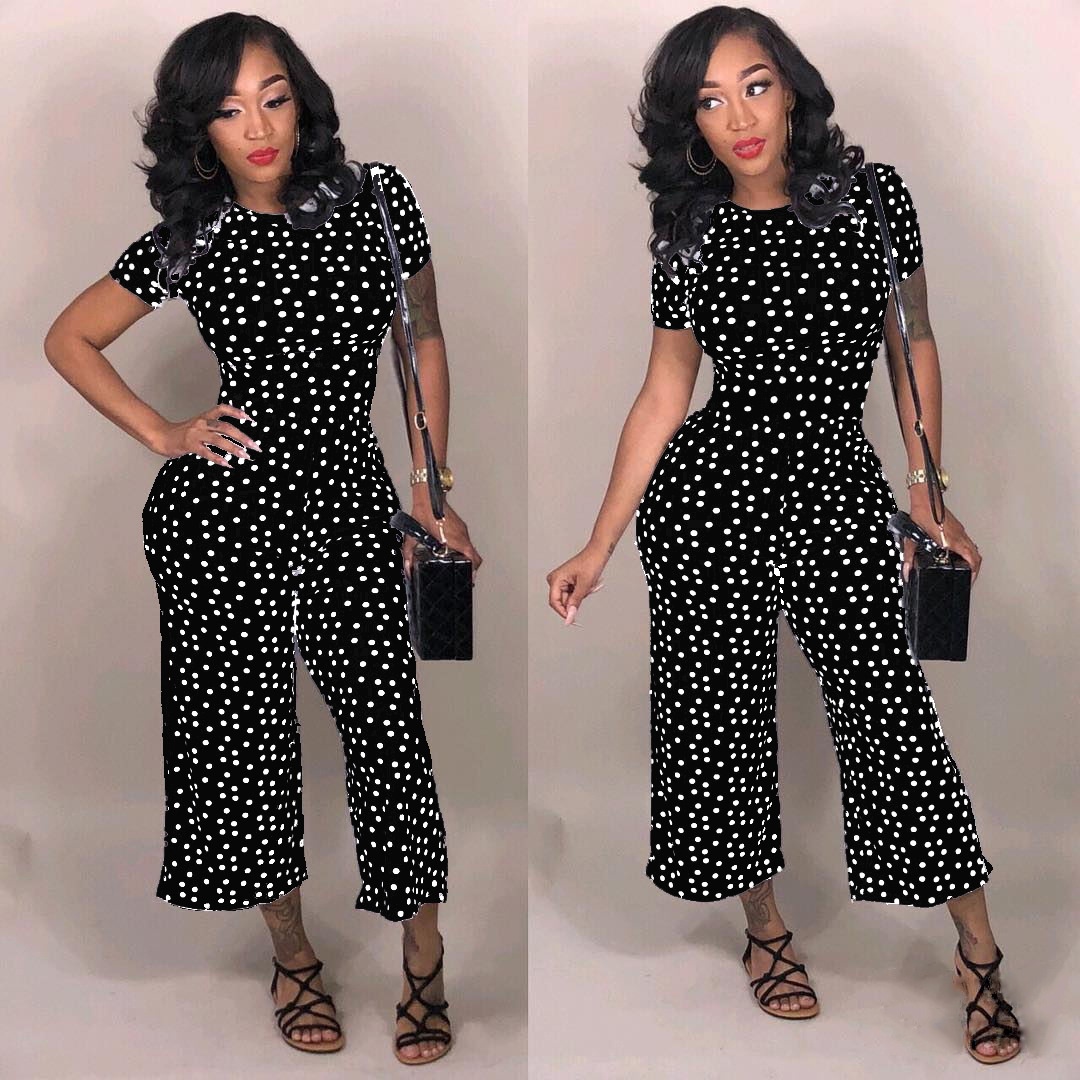 Sexy Polka-Dot Round-Neck Wide-Leg Jumpsuit For Women
