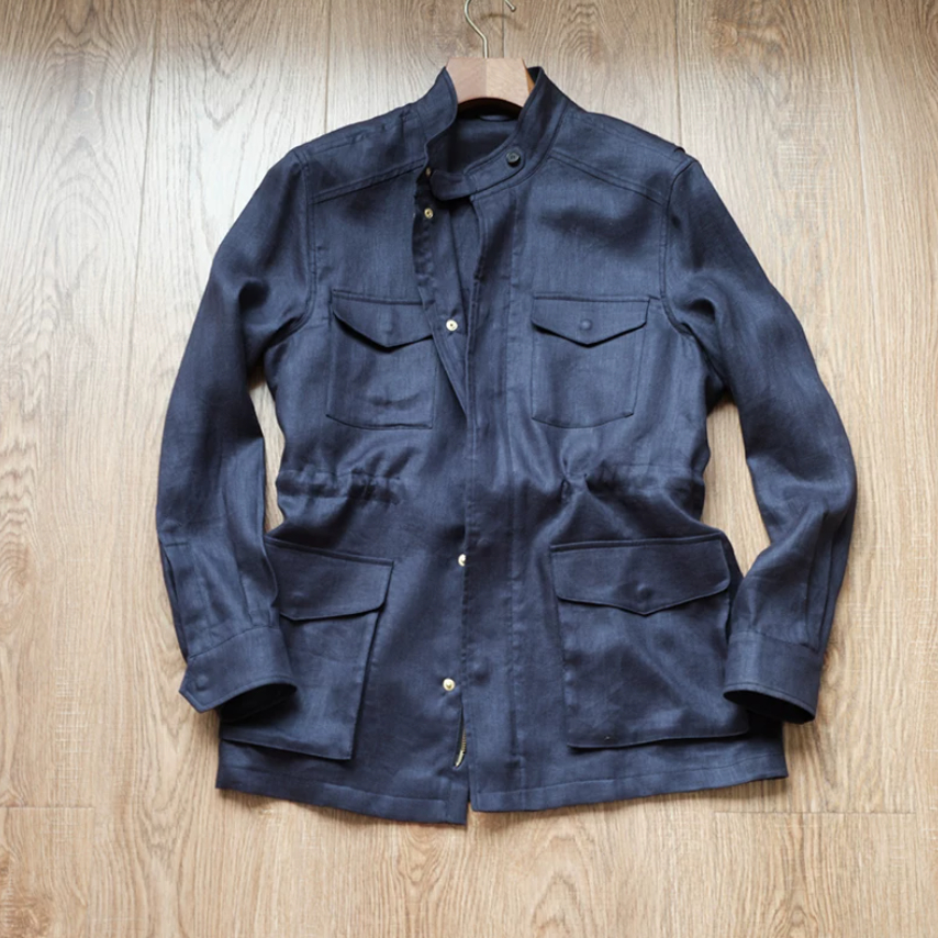 Mens Linen Herringbone Waist-Cinching Half-Lining Trench Coat With A Stand-Up Collar