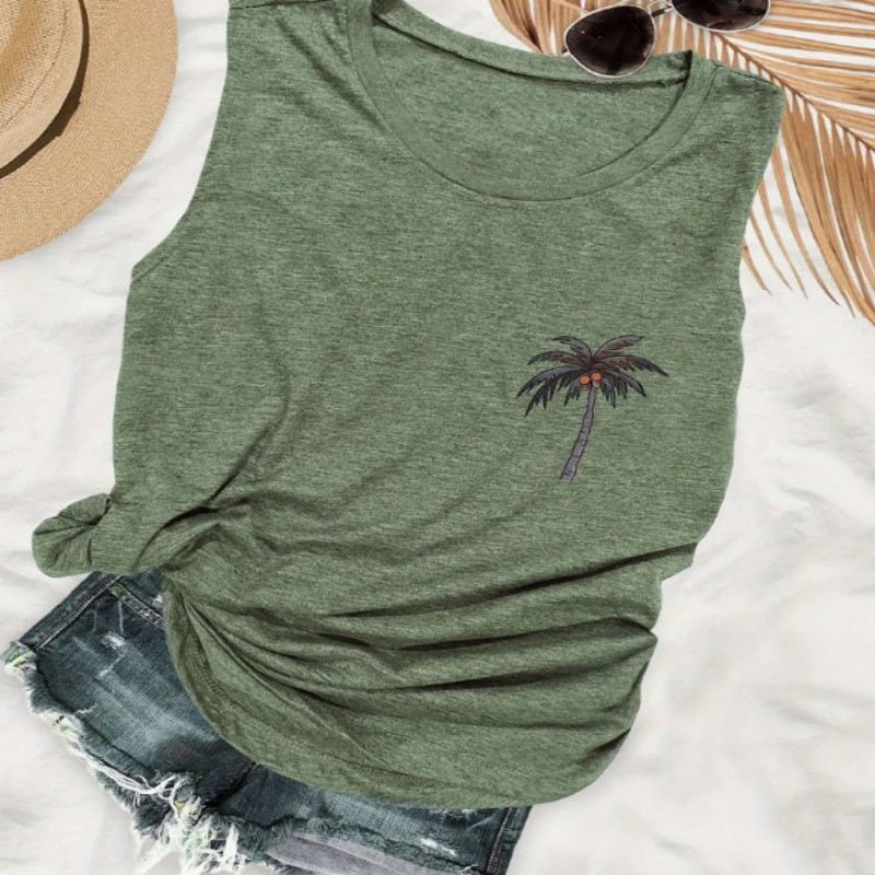 Womens Solid-color Printed Round-neck Vest