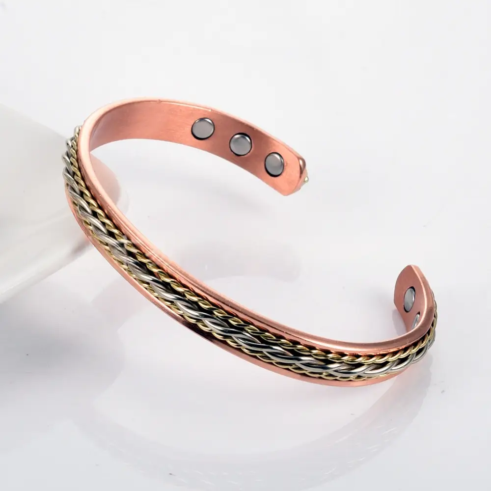 Solid Red Copper Twisted Open-end Adjustable Magnetic Bracelet