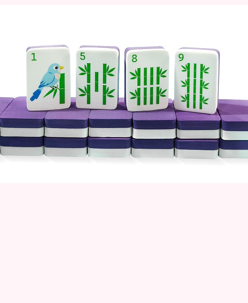 Four upright bamboo tiles on purple stacks