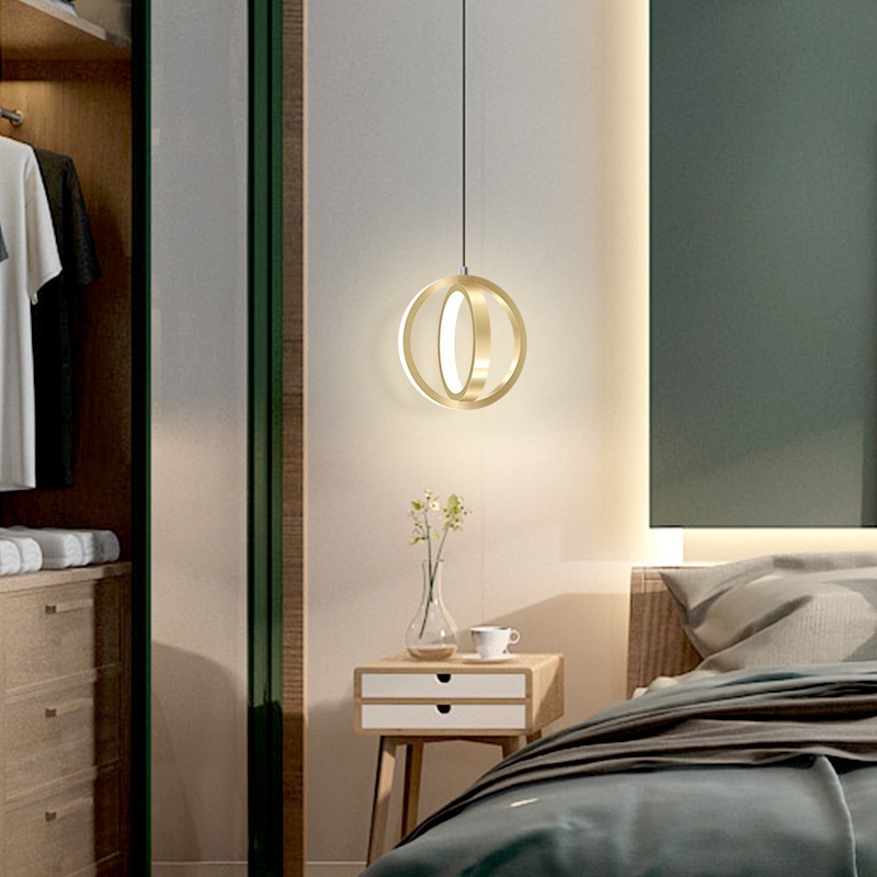 LED Bedside Mini Pendant Lamp Bedroom Single-head Ring-shaped Aluminum Pendant Light