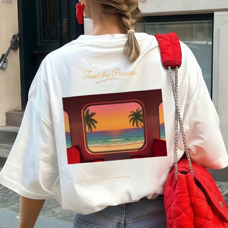Trust The Process Graphic Tee For Women Vintage Train Window Sunset Oversized T-Shirt