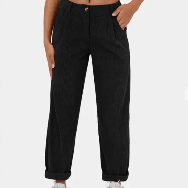 Womens Relaxed-fit Elastic-waist Button-fly Straight-leg Casual Trousers