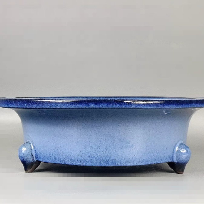 Fully Handcrafted Antique-style Light-blue Glazed Round Flower Pot