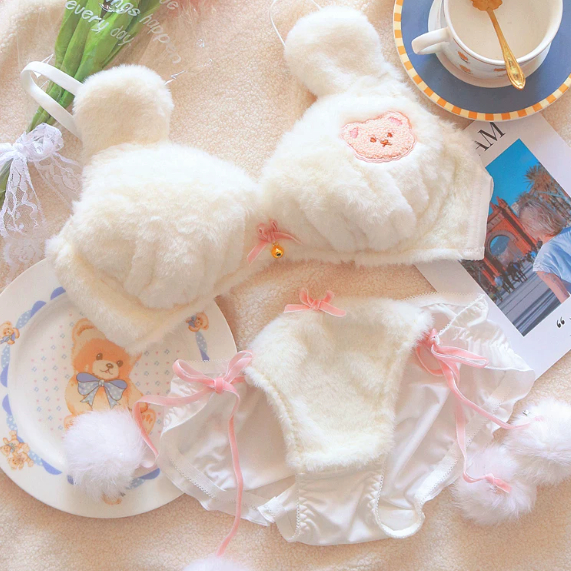 Cream Bear Winter Plush Underwear Warm Fuzzy Wireless Bra Set