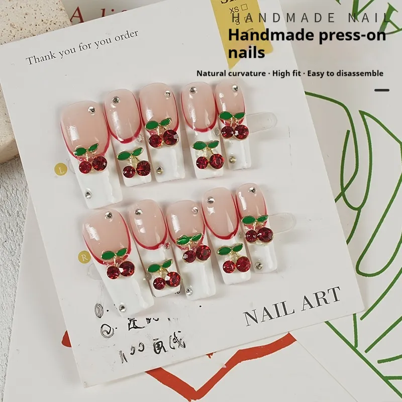 Cherry Gold Diamond Handmade Wearable Nails